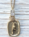 Pre Order Cardinal necklace Memorial jewelry bird lover gift: Gold / 18” worn by model in natural setting LUXAMORE