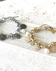 Pre Order Charm coin bracelet French coin jewelry pearl fall jewelry: Silver worn by model in natural setting LUXAMORE