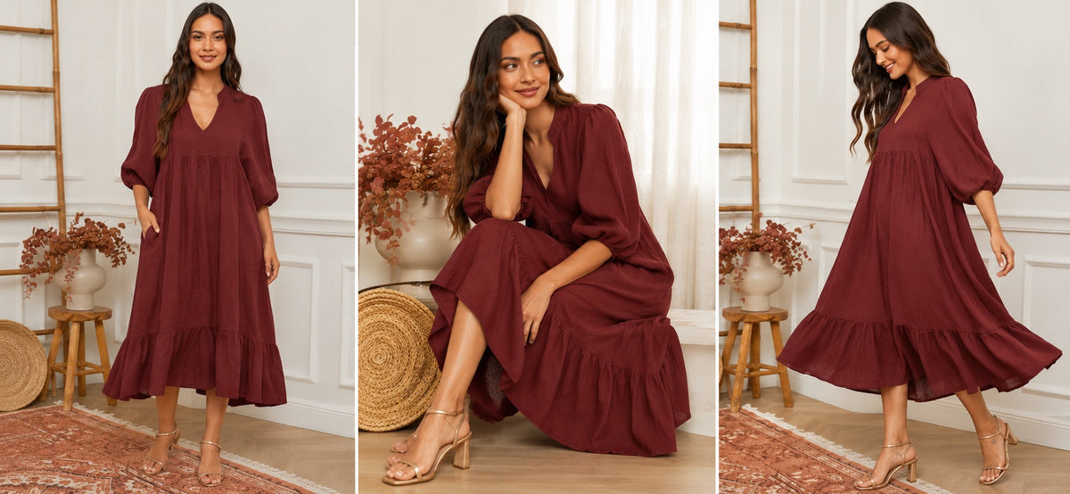 Model wearing italian linen dress in burgandy