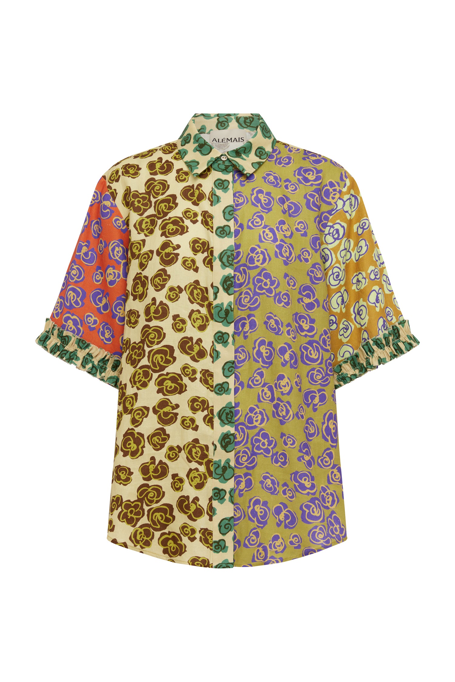 Alemais Patty Spliced Shirt in multi-color linen hemp print – Front view on ghost view the pointed collar, structured stand, and concealed button placket.. LUXAMORE