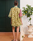 Alemais Patty Spliced Shirt in multi-color print – Back view on model displaying the relaxed tailoring and curved hem silhouette.. LUXAMORE