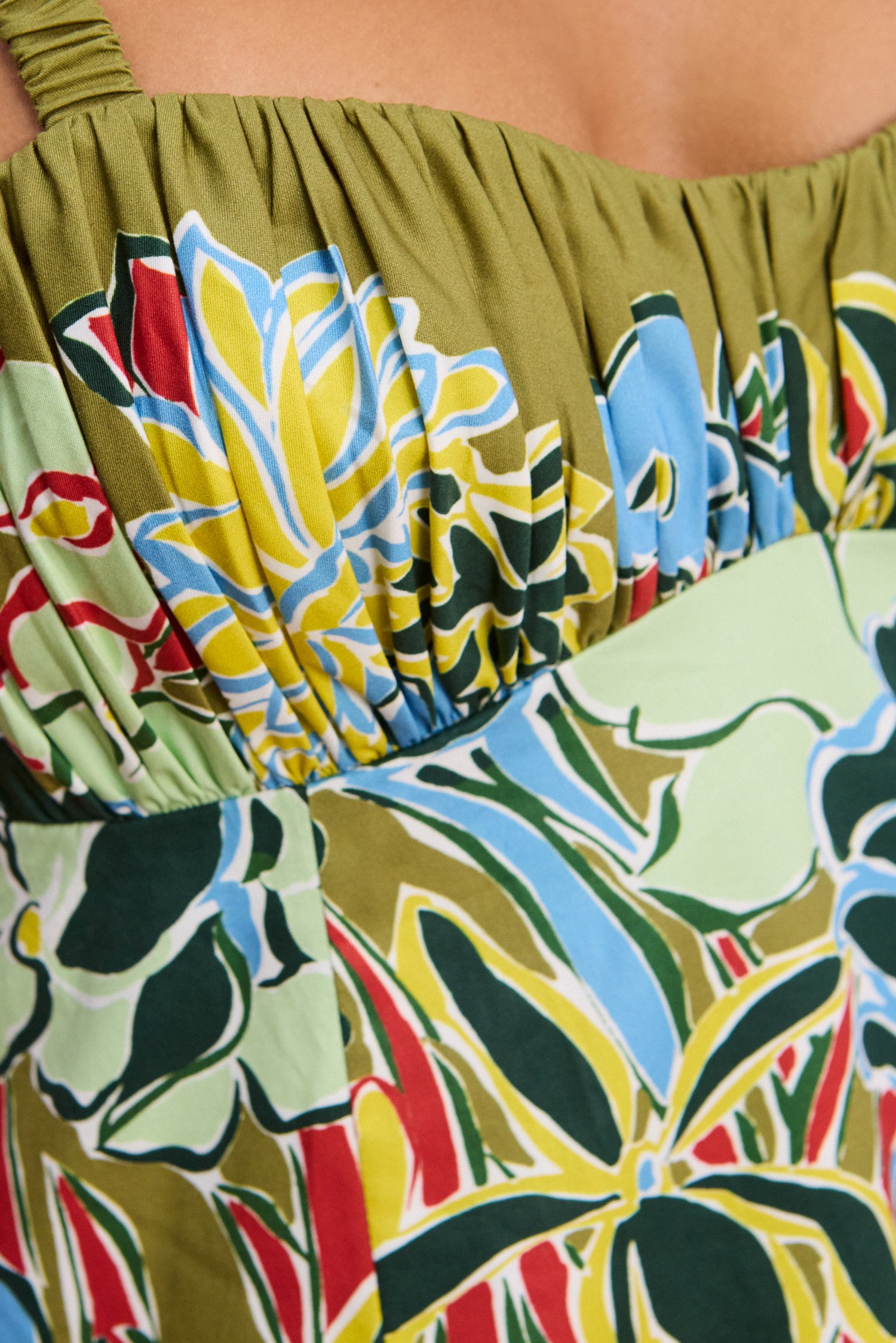 Designer midi sundress: Close-up of the sweetheart neckline and intricate ruched bodice straps on the Solstice.. LUXAMORE