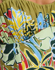 Designer midi sundress: Close-up of the sweetheart neckline and intricate ruched bodice straps on the Solstice.. LUXAMORE