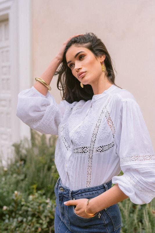 Agata Embroidered Boho Shirt worn by model in natural setting LUXAMORE 