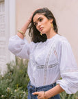 Agata Embroidered Boho Shirt worn by model in natural setting LUXAMORE 