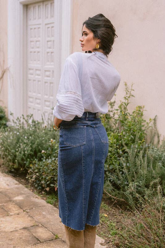 Agata Embroidered Boho Shirt worn by model in natural setting LUXAMORE 