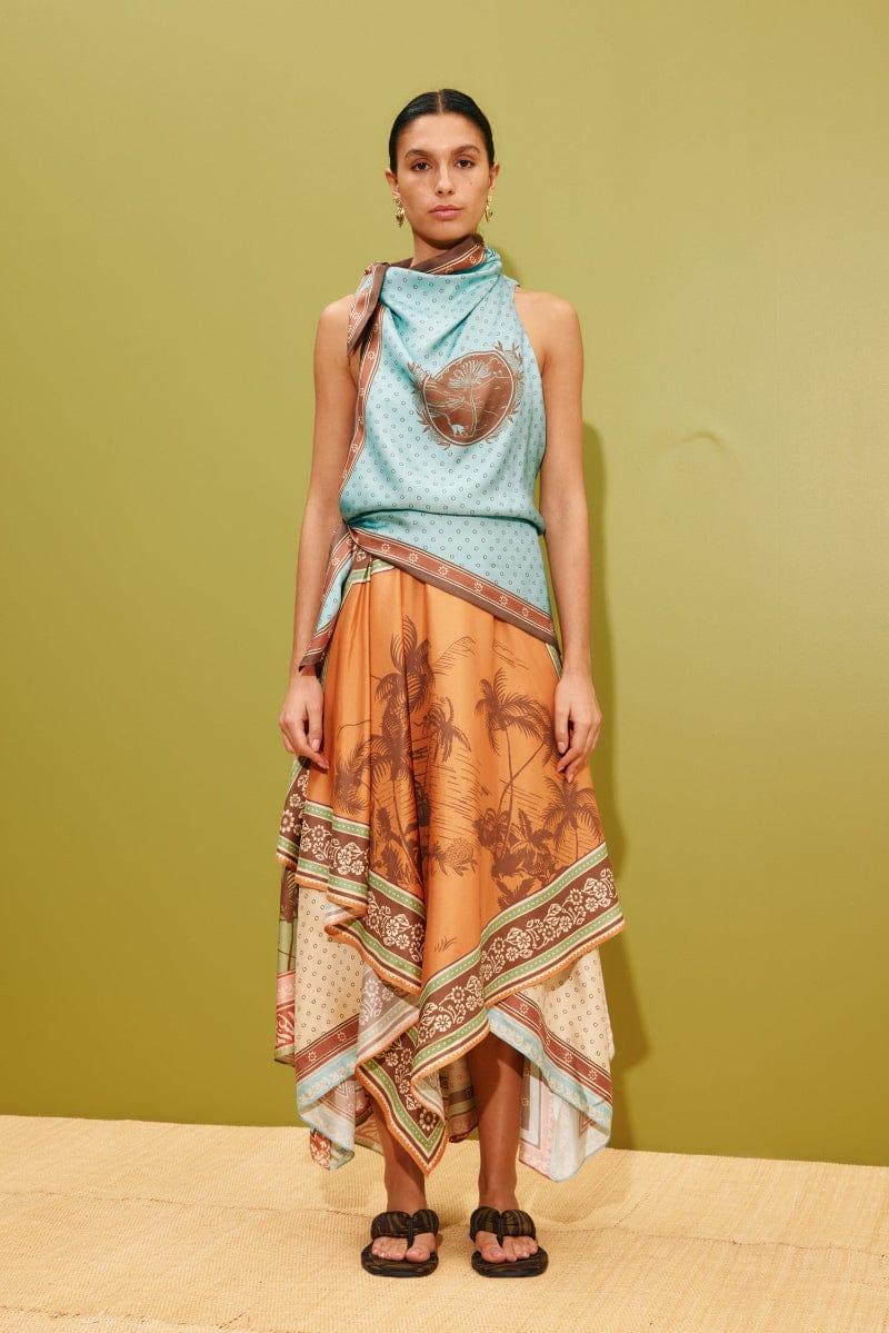 woman wearing Alemais Alberta Scarf Midi Dress LUXAMORE 