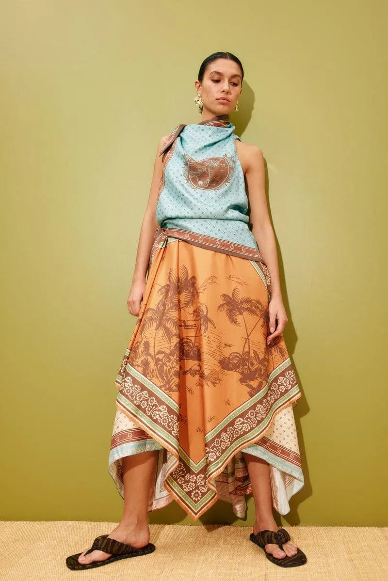 Alemais Alberta Scarf Midi Dress worn by model in natural setting LUXAMORE 
