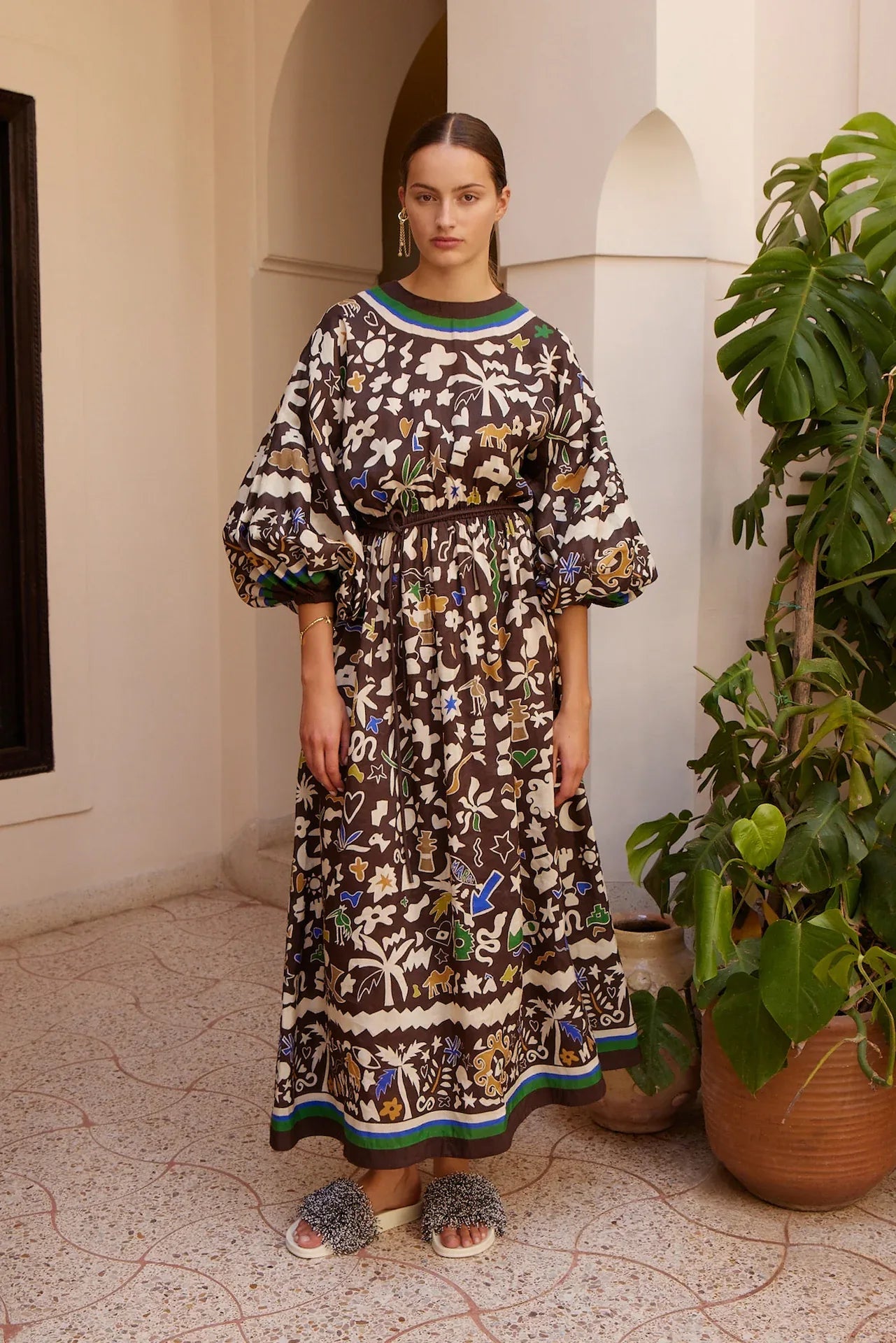 Alemais Maroc Midi Dress worn by model in natural setting LUXAMORE 