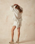 Alemais Sustainable Florence-Shirt close up worn by model LUXAMORE