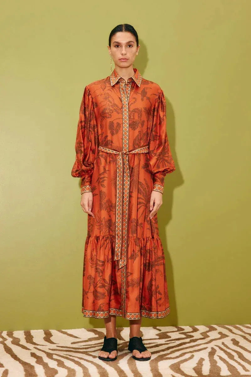 Designer silk shirtdress: ALÉMAIS Monkey Dance Silk Shirtdress showing the gathered sleeves, deep cuffs, and self-tie belt. LUXAMORE