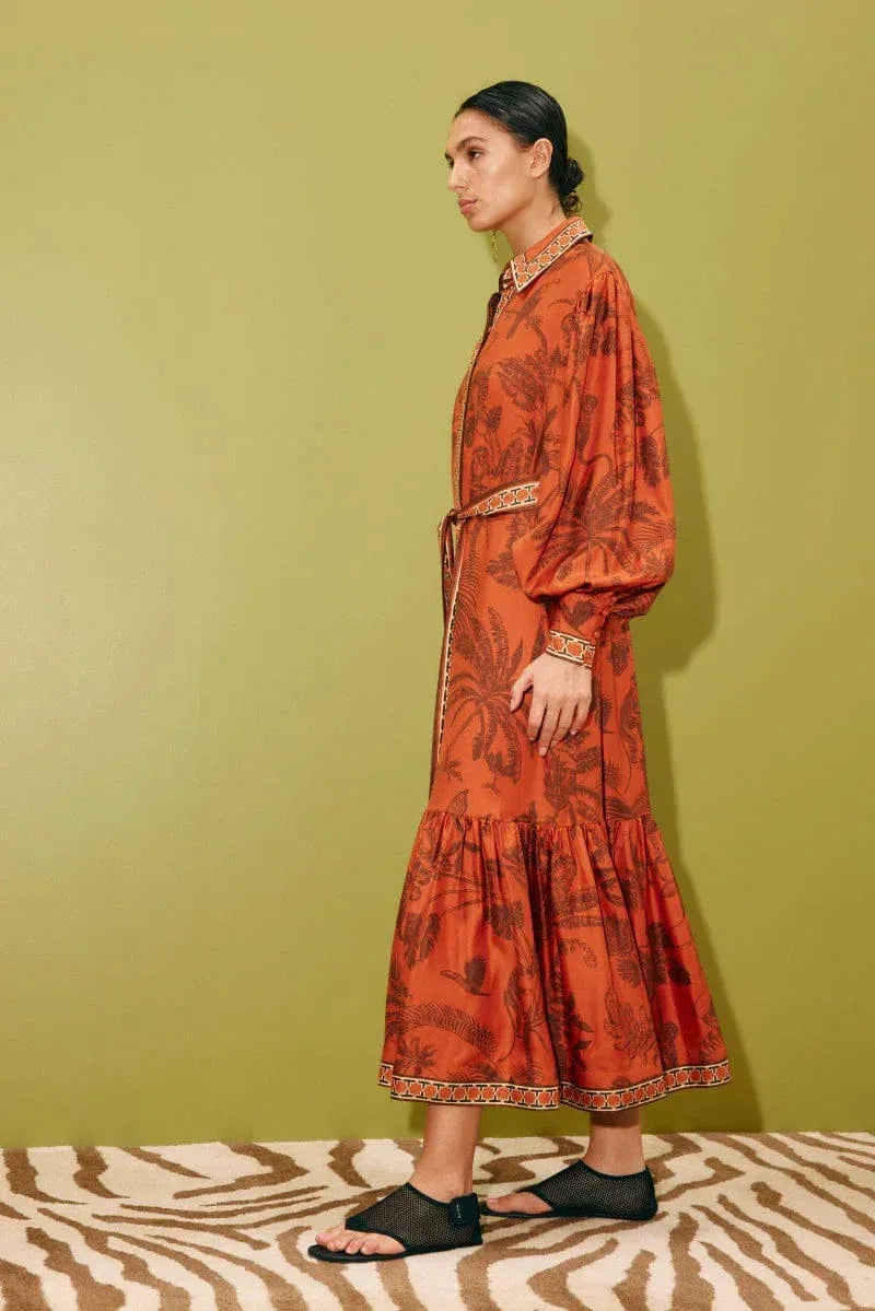 ALÉMAIS Monkey Dance Silk Shirtdress fluid luxury printed silk midi shirt dress styling. LUXAMORE
