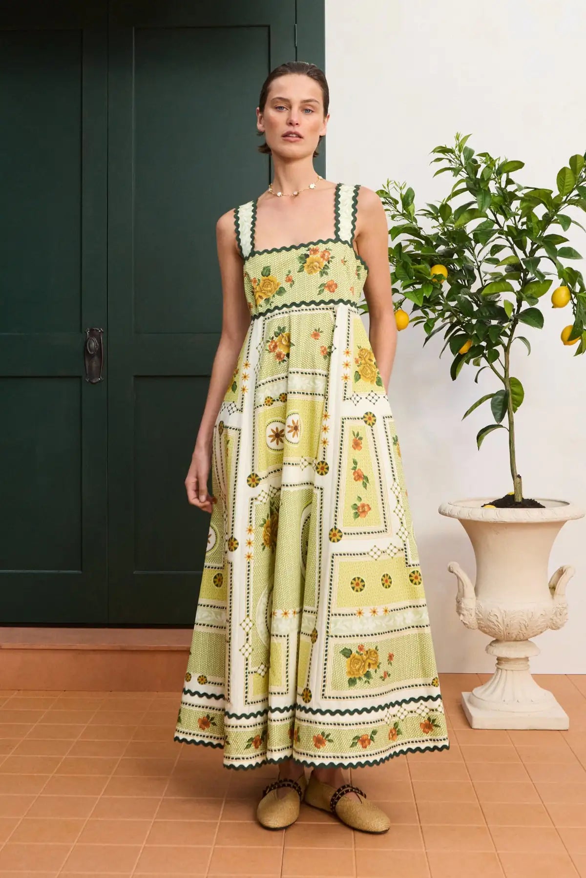 Cotton poplin midi dress: ALÉMAIS Dixie Summer Dress in [Color/Print] featuring a square neckline and contrast ric-rac trim.. LUXAMORE
