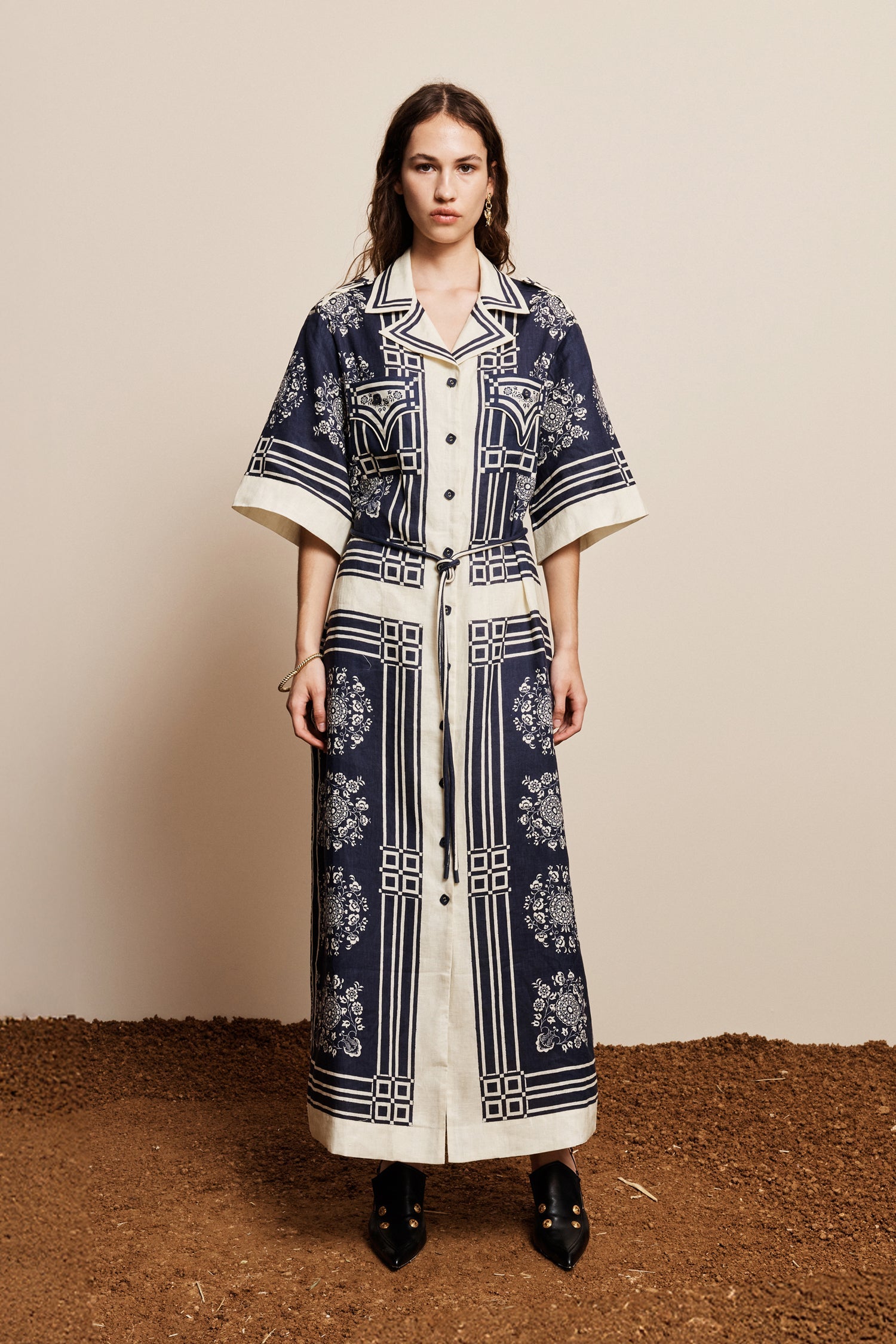 Alemais Sustainable Banderra Linen Shirtdress worn by model front on LUXAMORE