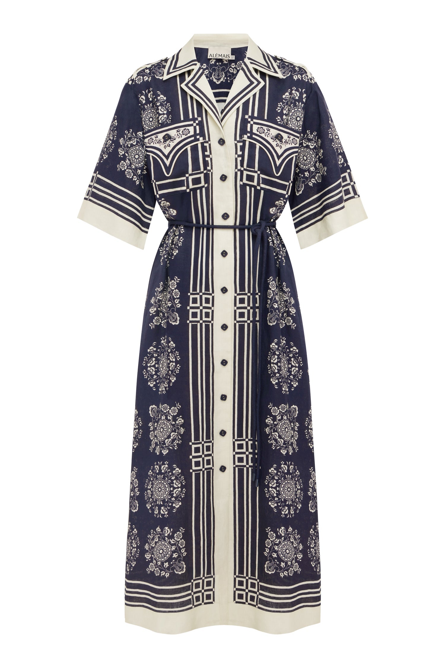 Alemais Ghost Image of Sustainable Banderra Linen Shirtdress. LUXAMORE