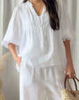 Alemais Sustainable Florence-Shirt close up worn by model LUXAMORE