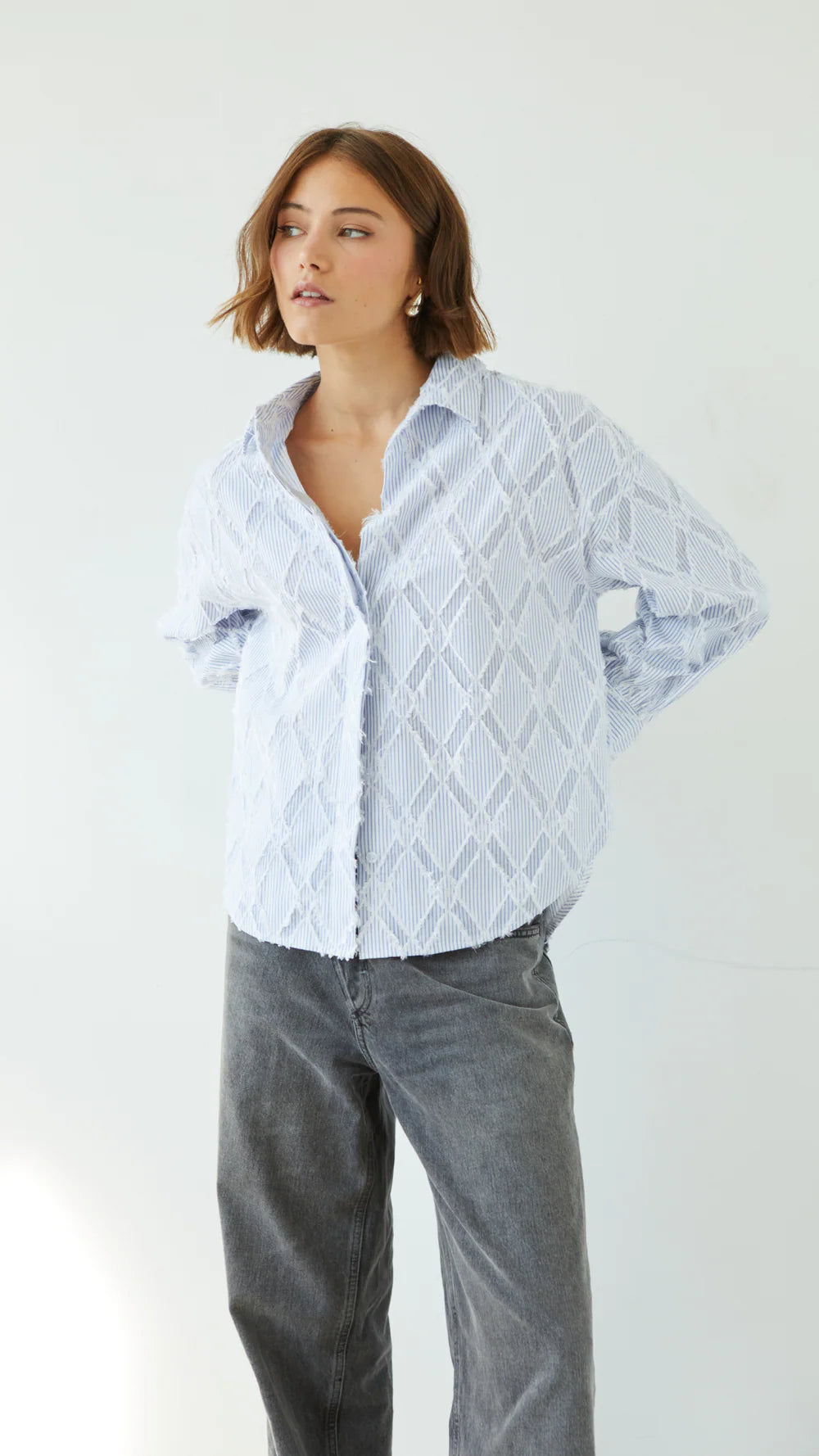 Alemais Sustainable Florence-Shirt close up worn by model LUXAMORE