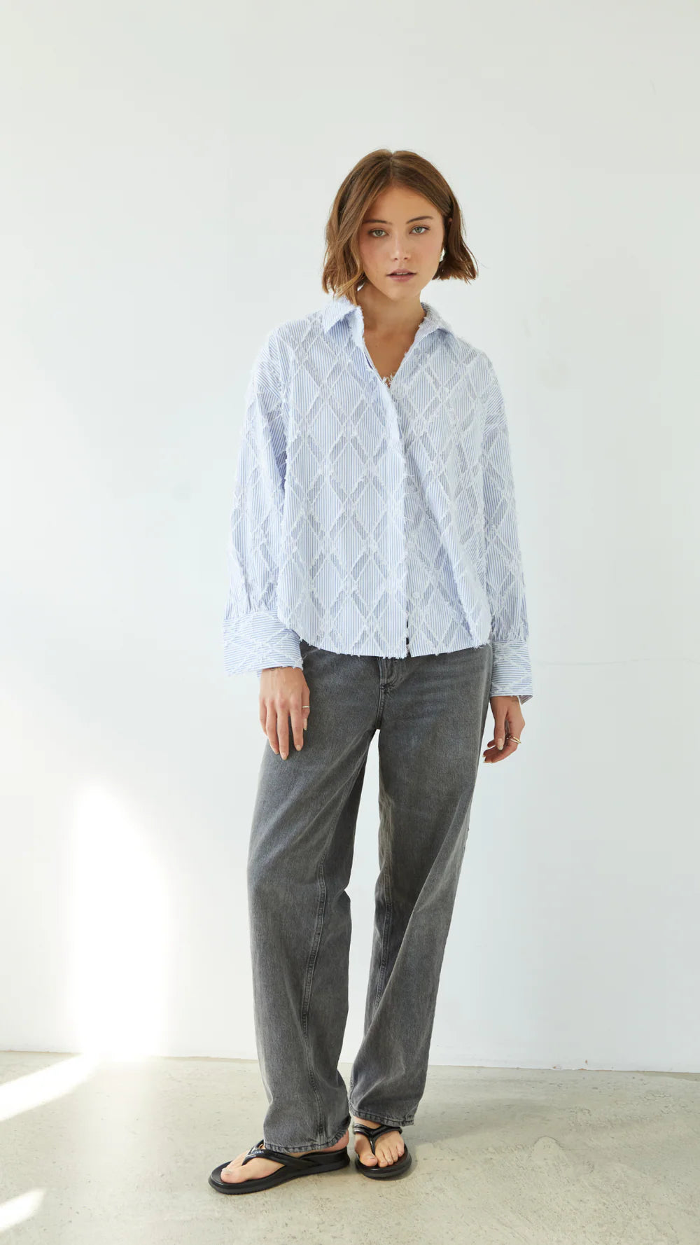 Alemais Sustainable Florence-Shirt close up worn by model LUXAMORE