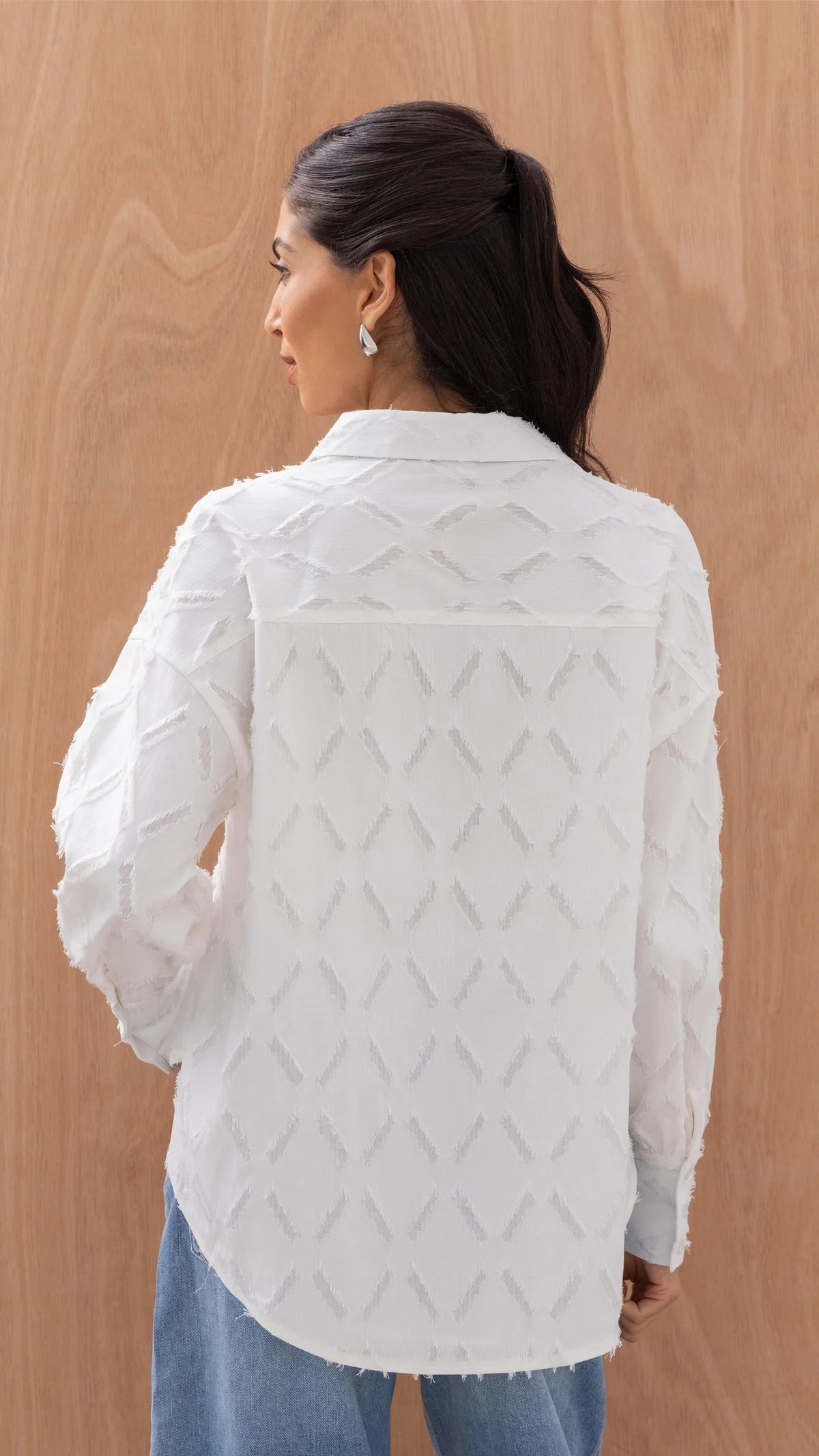Alemais Sustainable Florence-Shirt close up worn by model LUXAMORE