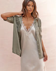 Alemais Sustainable Florence-Shirt close up worn by model LUXAMORE