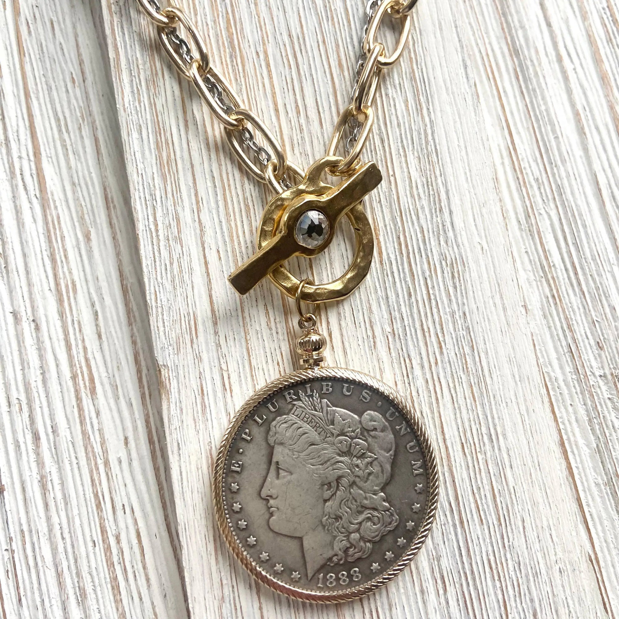 Coin necklace boutique jewelry crystal handmade mixed metal LUXAMORE  