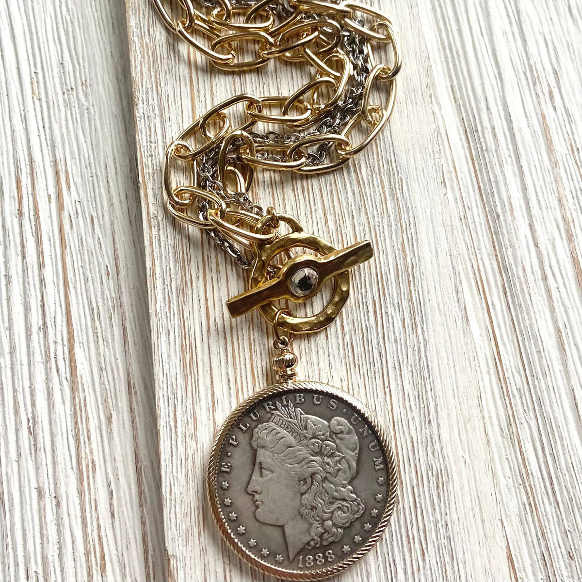 Coin necklace boutique jewelry crystal handmade mixed metal Sustainable LUXAMORE