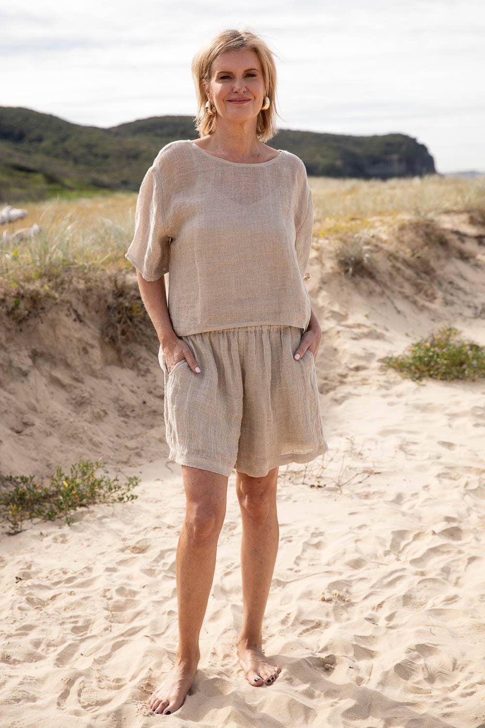Eadie Lifestyle Olivia Linen Top worn by model in natural setting LUXAMORE 