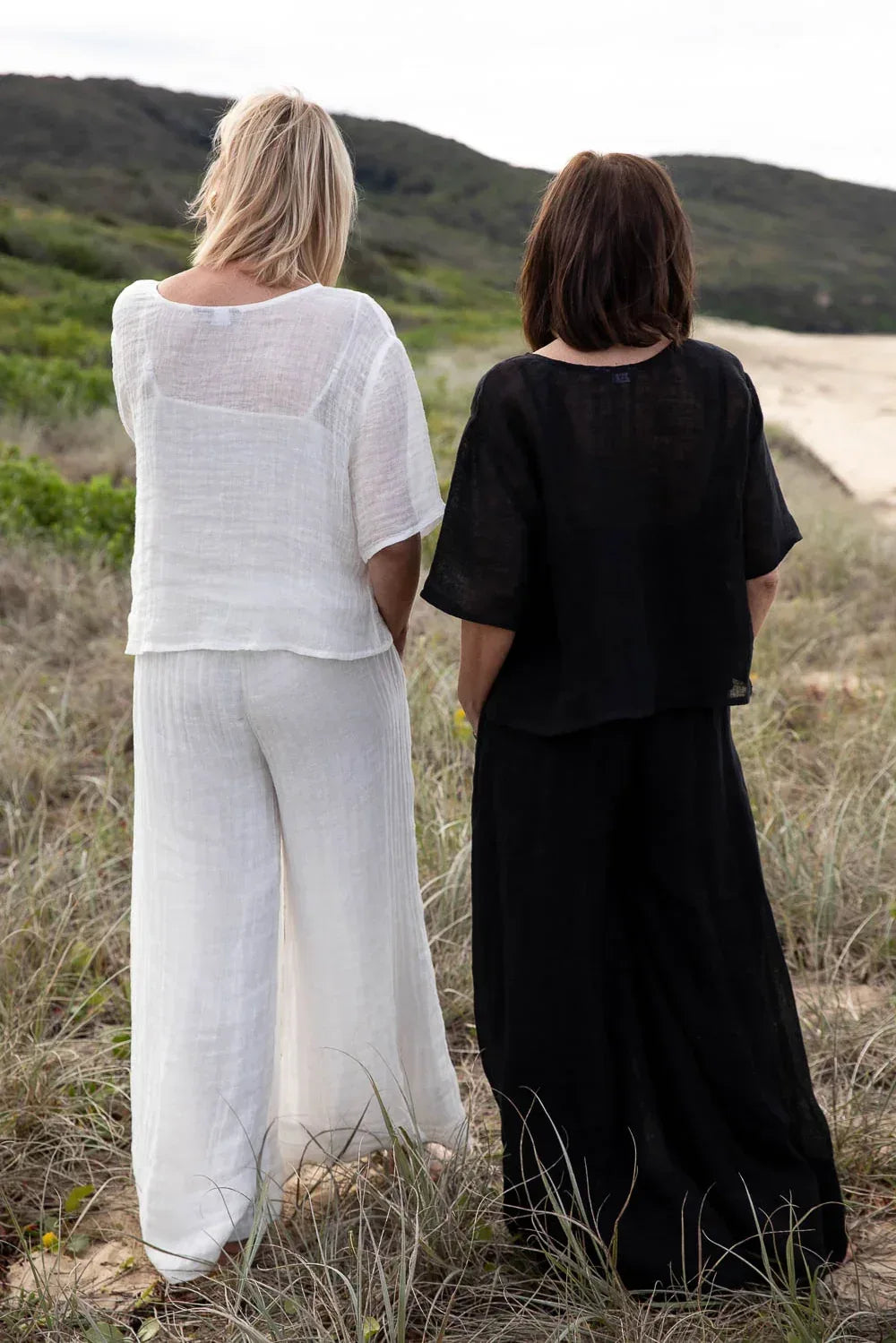 Eadie Lifestyle Olivia Linen Top worn by model in natural setting LUXAMORE 