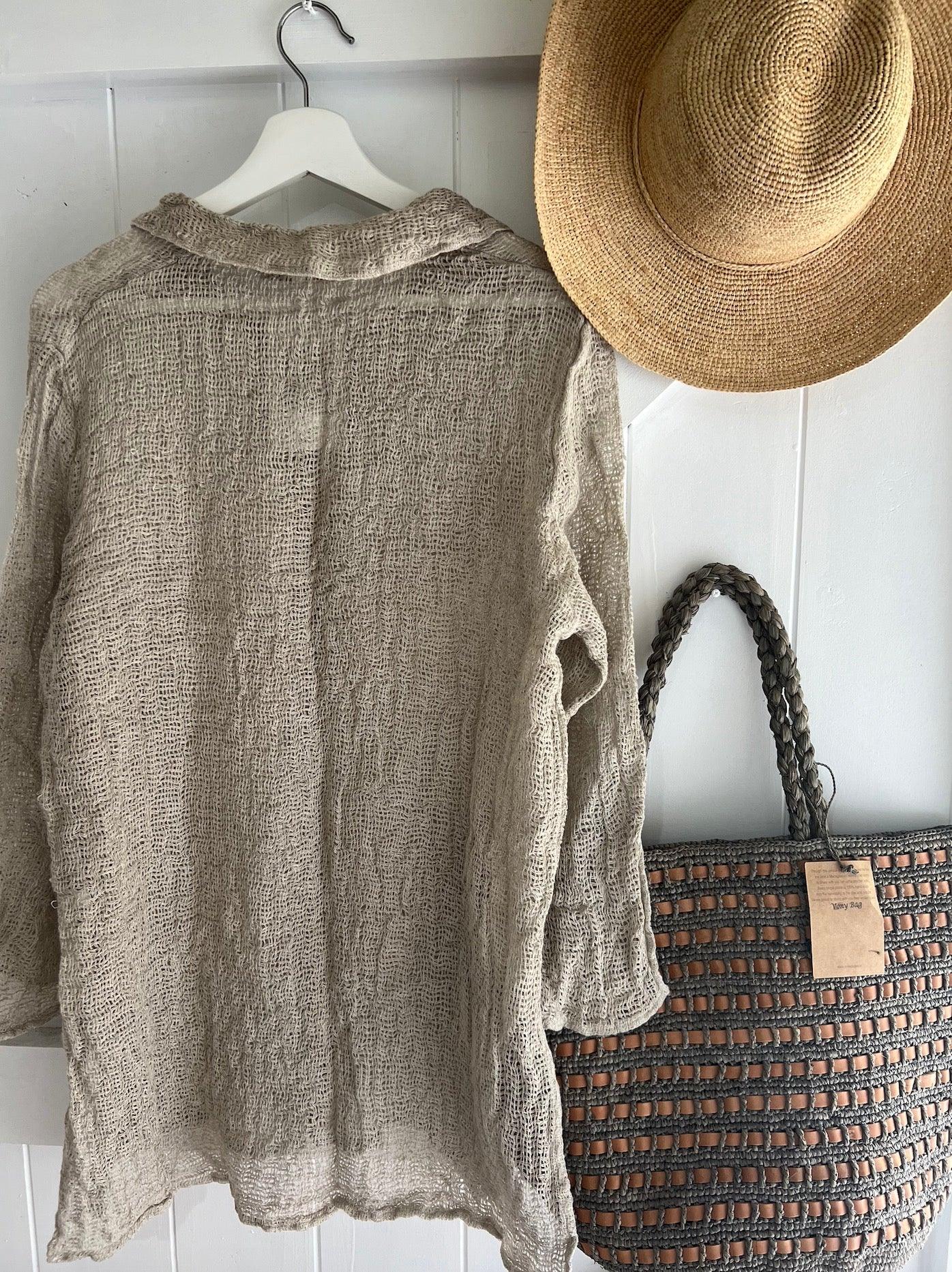 Estilo Emporio Carita Cover Up Linen Dress - Rete worn by model in natural setting LUXAMORE 