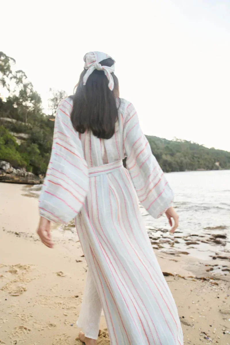 Estilo Emporio El Manto Stripe Dress + Duster worn by model in natural setting LUXAMORE 