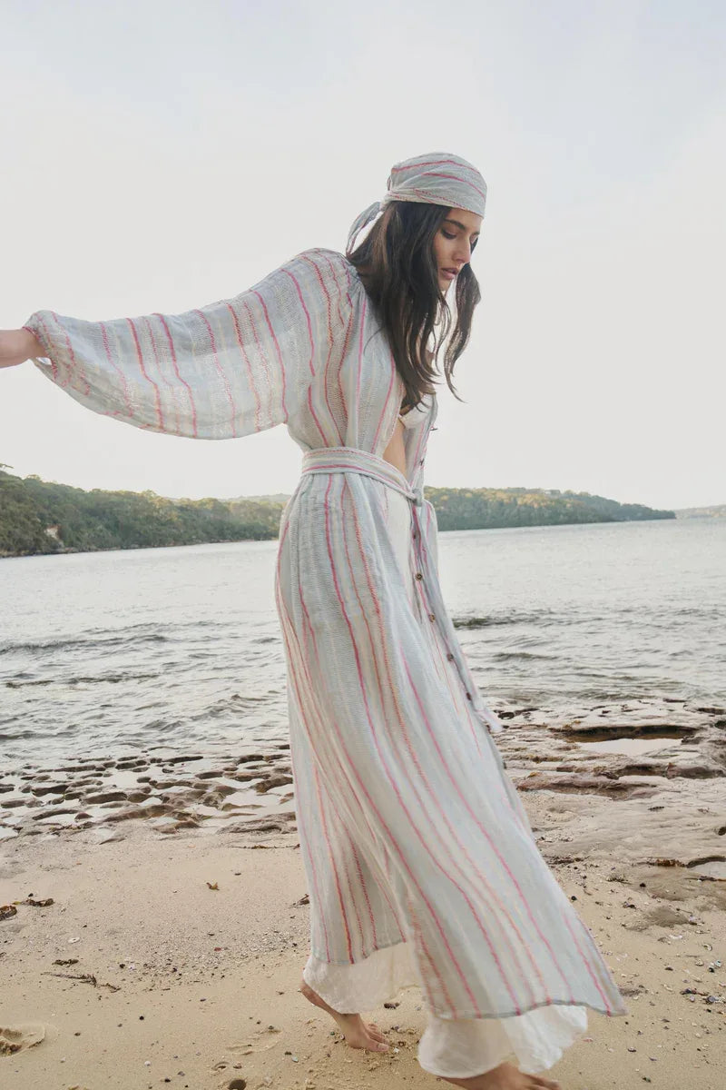 Estilo Emporio El Manto Stripe Dress + Duster worn by model in natural setting LUXAMORE 