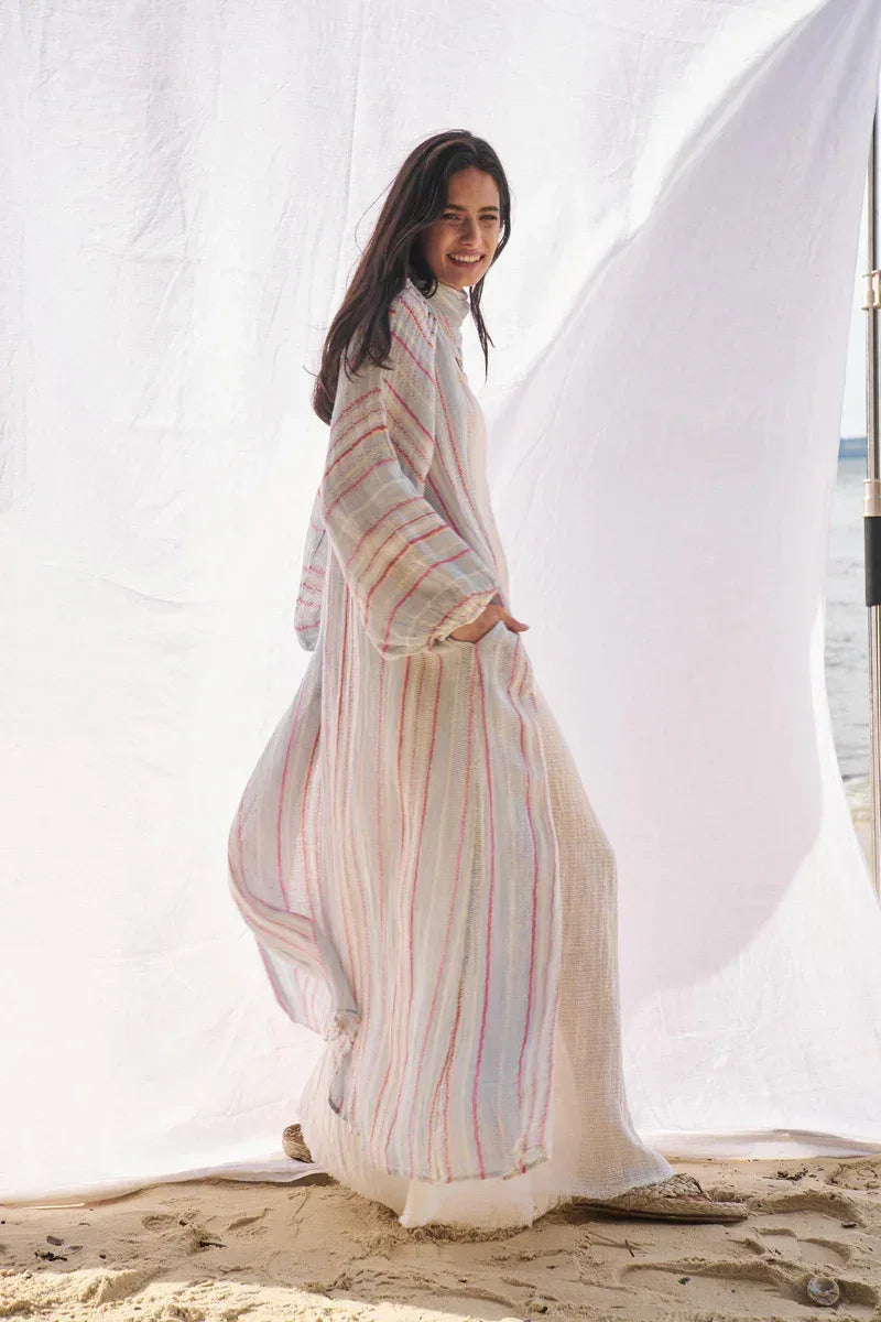 Estilo Emporio El Manto Stripe Dress + Duster worn by model in natural setting LUXAMORE 