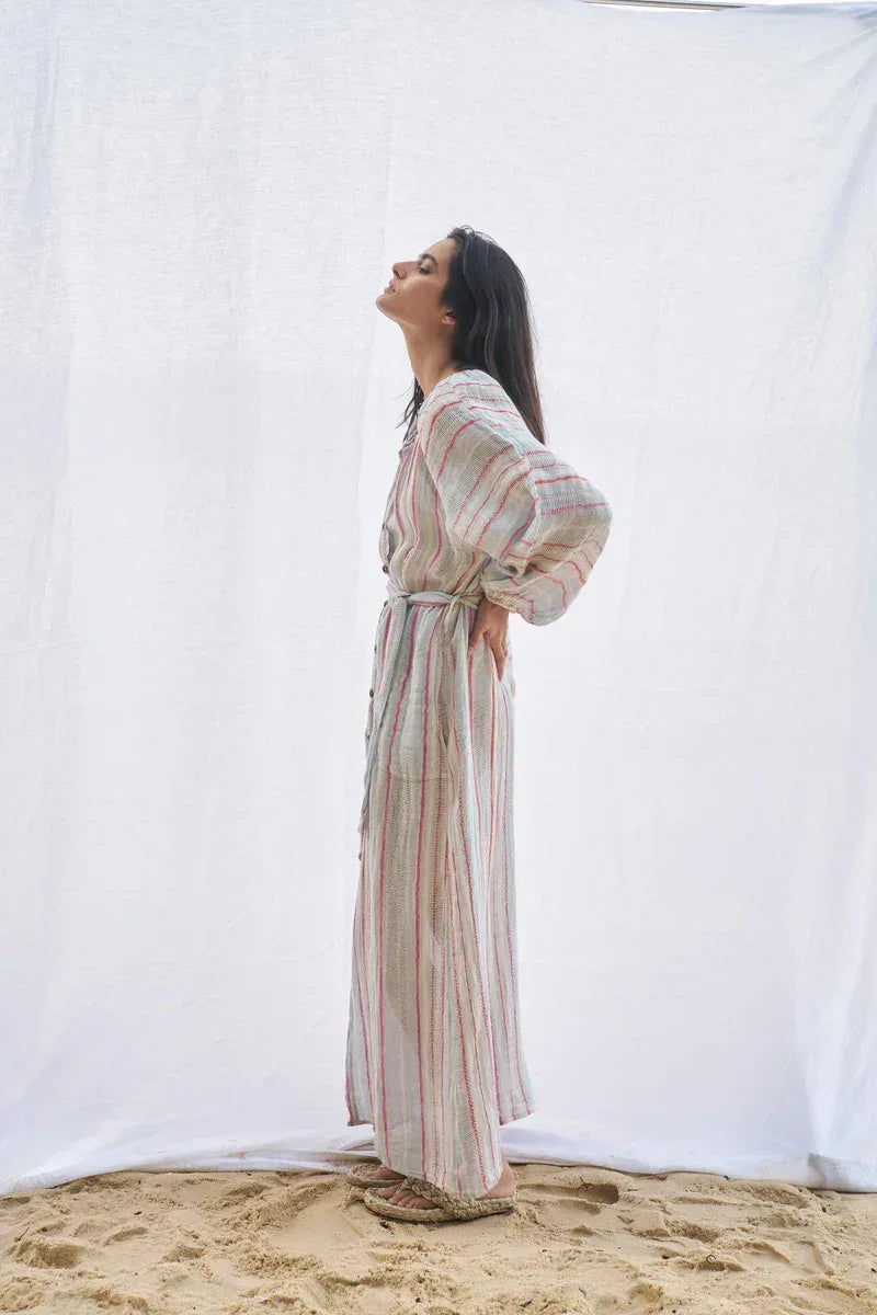 Estilo Emporio El Manto Stripe Dress + Duster worn by model in natural setting LUXAMORE 