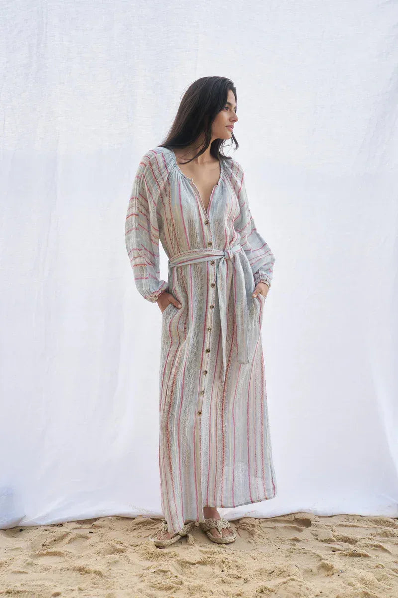 Estilo Emporio El Manto Stripe Dress + Duster worn by model in natural setting LUXAMORE 