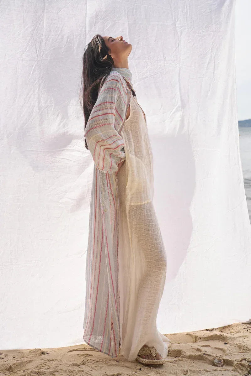 Estilo Emporio El Manto Stripe Dress + Duster worn by model in natural setting LUXAMORE 