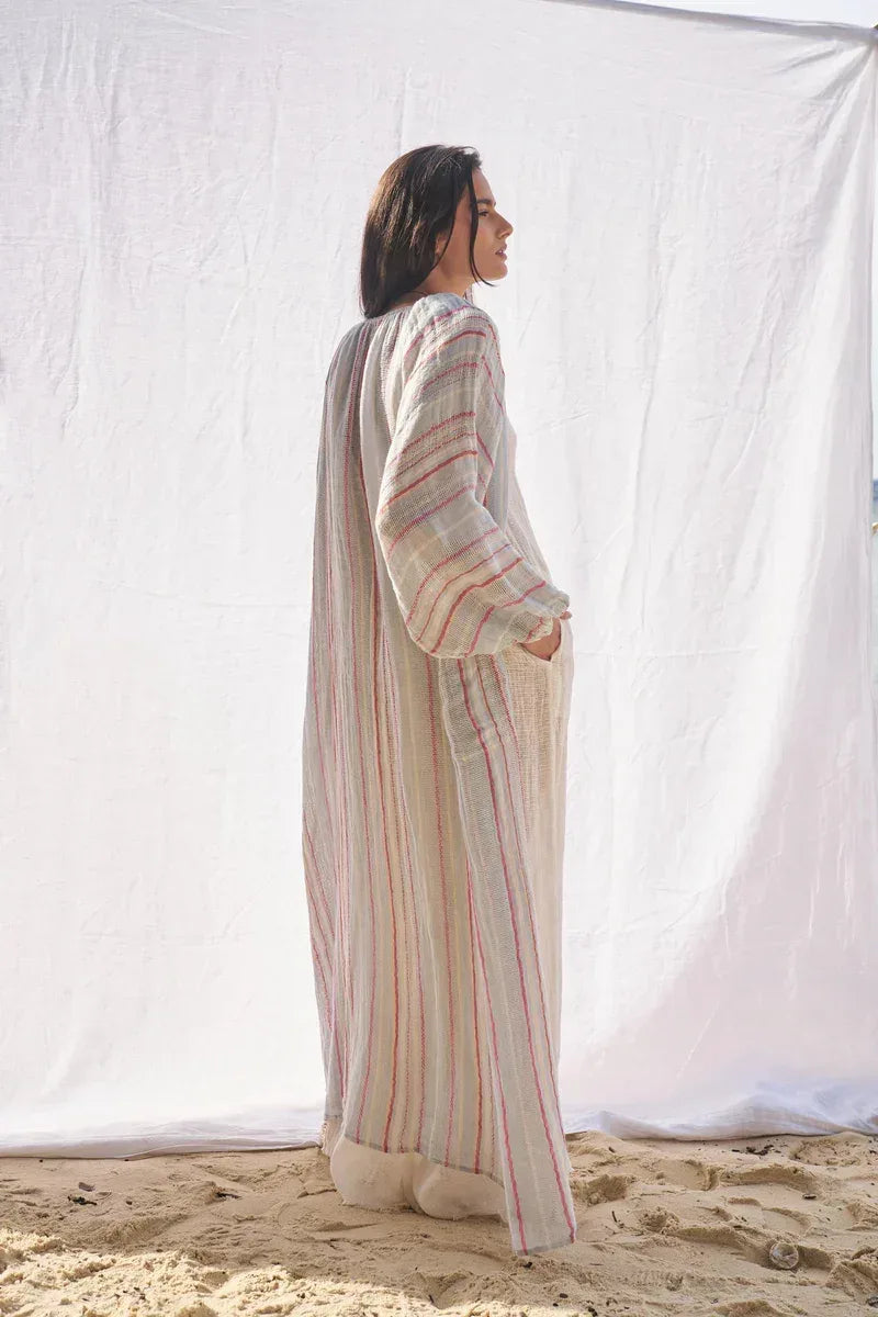 Estilo Emporio El Manto Stripe Dress + Duster worn by model in natural setting LUXAMORE 
