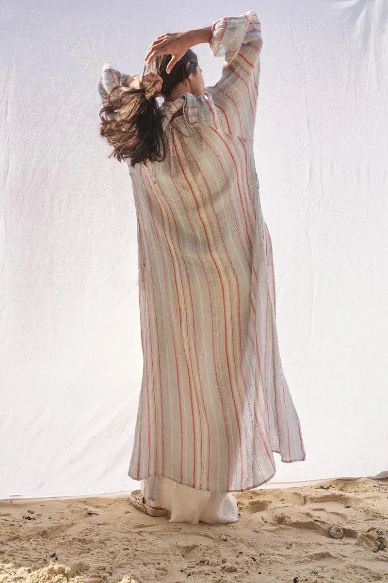 Estilo Emporio El Manto Stripe Dress + Duster worn by model in natural setting LUXAMORE 