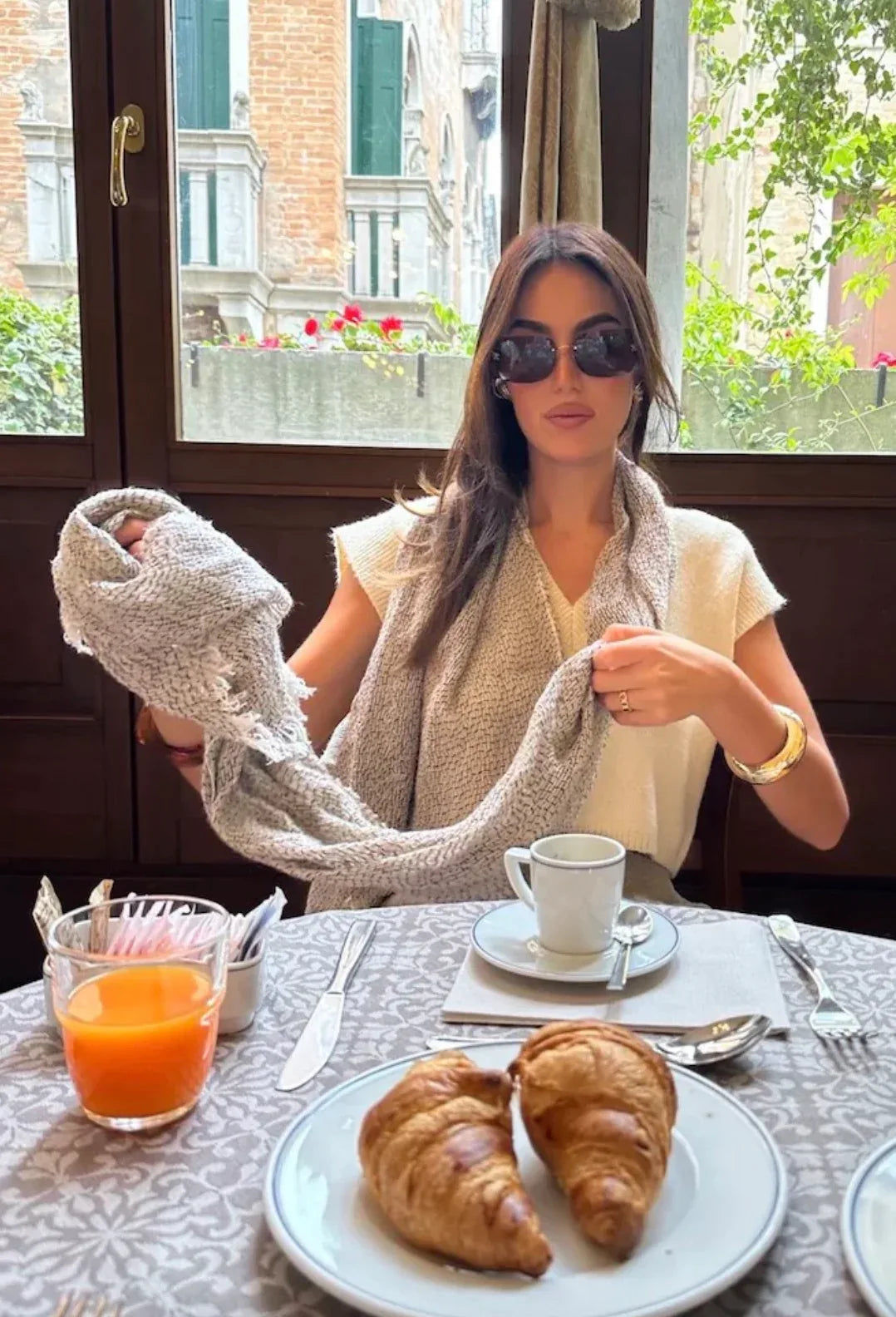 Estilo Emporio Grand Scarf - Pescatore Natural Chocolate worn by model in natural setting LUXAMORE 