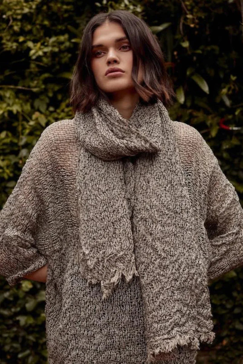 Estilo Emporio Grand Scarf - Pescatore Natural Chocolate worn by model in natural setting LUXAMORE 