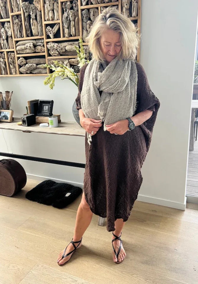 Estilo Emporio Grand Scarf - Pescatore Natural Chocolate worn by model in natural setting LUXAMORE 