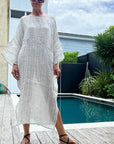 Estilo Emporio Nebbilio Linen Dress - Binario worn by model in natural setting LUXAMORE 