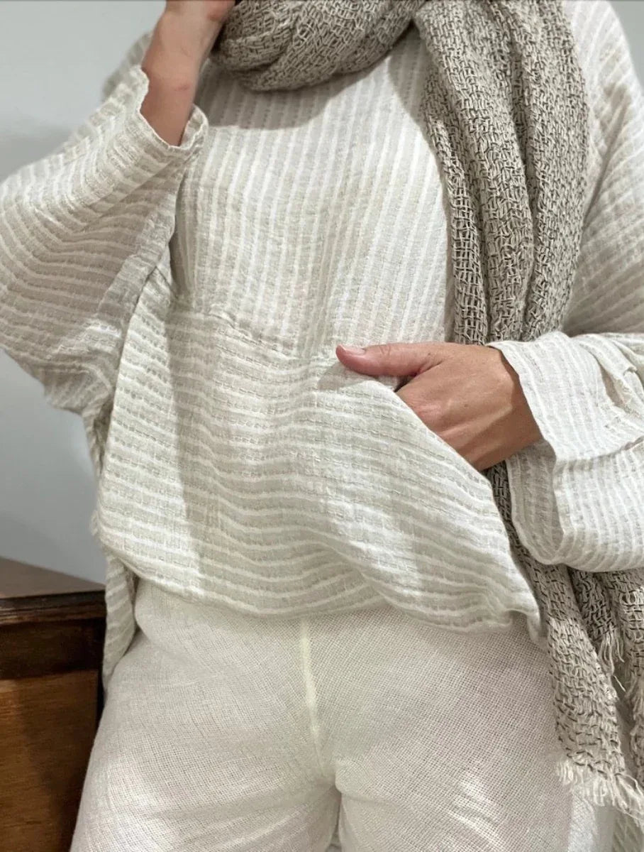 Estilo Emporio Nerano Top worn by model in natural setting LUXAMORE 