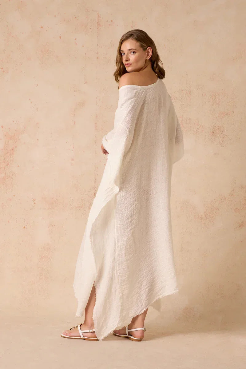 Estilo Emporio Polla Maxi Dress in Exclusive Rete Anthracite worn by model in natural setting LUXAMORE 