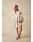 Estilo Emporio Stella Linen Dress - Lyla worn by model in natural setting LUXAMORE 
