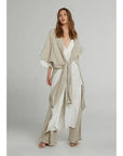 Estilo Emporio Tie Kimono - Scorpione Natural worn by model in natural setting LUXAMORE 