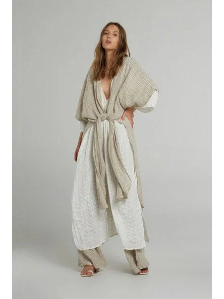 Estilo Emporio Tie Kimono - Scorpione Natural worn by model in natural setting LUXAMORE 