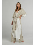 Estilo Emporio Tie Kimono - Scorpione Natural worn by model in natural setting LUXAMORE 