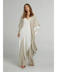 Estilo Emporio Tie Kimono - Scorpione Natural worn by model in natural setting LUXAMORE 