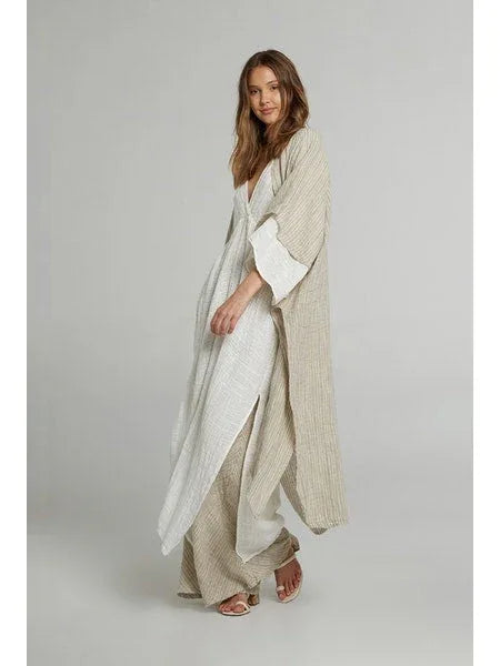 Estilo Emporio Tie Kimono - Scorpione Natural worn by model in natural setting LUXAMORE 