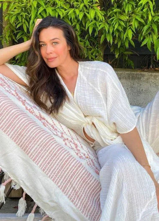 Estilo Emporio Tie Kimono - Scorpione Natural worn by model in natural setting LUXAMORE 